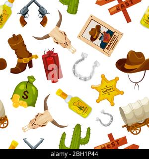 Cowboy, boots, guns and other wild west objects in cartoon style. Vector seamless pattern wild west concept with gun and cactus, star and horseshoe il Stock Vector
