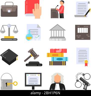 Symbols of legal regulations. Juridical icons set in flat style. Legal juridical, tribunal and judgment, law anb gavel, vector illustration Stock Vector