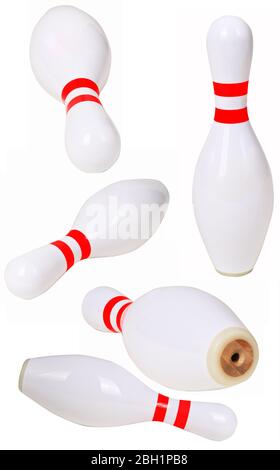 Bowling pins scattered on a white background in different angles Stock Photo