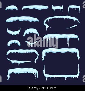 Set of different winter snow caps and icicles. Borders and dividers in cartoon style. Snow cap and snowdrift effect design. Vector illustration Stock Vector