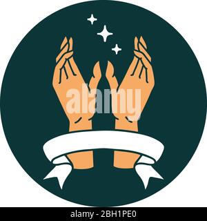 tattoo style icon with banner of reaching hands Stock Vector