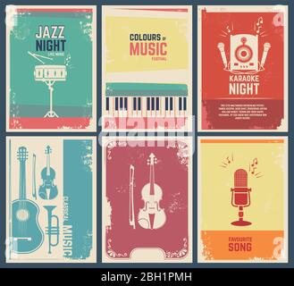 Design template of invitation cards with pictures of musical instruments. Vector music favourite song and party jazz festival banner illustration Stock Vector