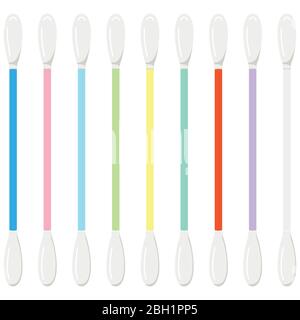 Colored cotton buds icon set isolated on white background. White soft cotton swabs for make up, cosmetics, ear cleaning vector illustration. Medical p Stock Vector