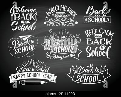 Set of monochrome school labels. Vector emblem design for education center or university. Back to school badge and welcome on chalkboard illustration Stock Vector