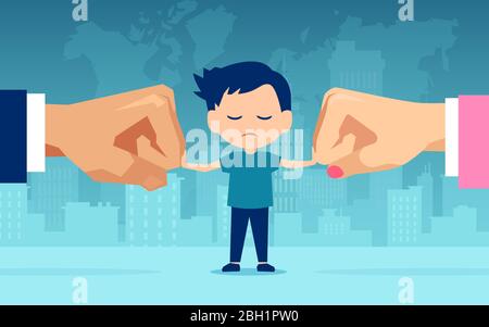 Vector of a sad child, little boy caught in the middle of conflicting parents Stock Vector