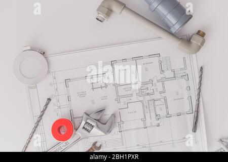drawings and tools for repair and construction. Tio view. Stock Photo