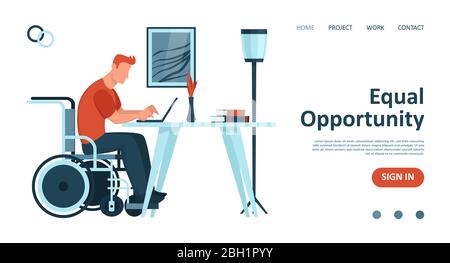 Vector of a disabled man sitting in wheelchair working on laptop from home. Handicapped people and equal job opportunities concept. Stock Vector