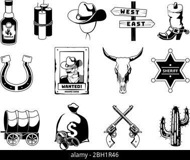 Monochrome black illustrations. Theme of wild west. Cowboy, sheriff, guns and others icons. Sheriff star and revolver, tequila and money, wagon and ca Stock Vector