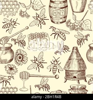 Vector seamless pattern with honey, bees and honeycomb, Illustration of background with honey and bee insect Stock Vector