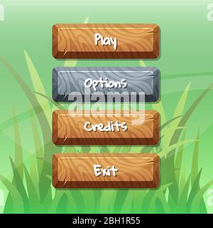 Vector cartoon style wooden enabled and disabled buttons with text for ...