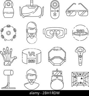 Linear symbols of technology. Virtual reality and vr glasses. 3d rotation. Vr game in glasses, vector illustration Stock Vector