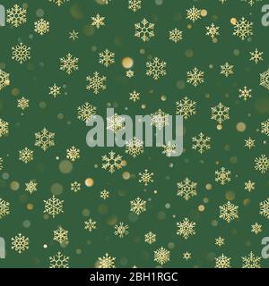 Christmas seamless pattern with gold snowflakes on green background. Holiday design for Christmas and New Year decoration. EPS 10 Stock Vector