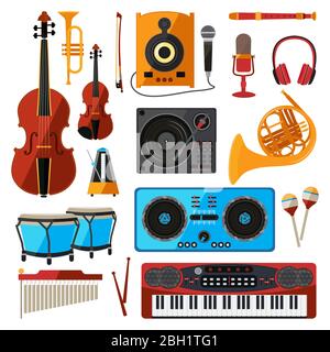 Musical instrument isolate on white. Music equipment for sound studio or shop. Guitars, digital players, bas amplifier and others. Guitar and equipmen Stock Vector