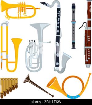 Isolated musical instruments in cartoon style. Musical saxophone and music classica instrument flute and sax, vector illustration Stock Vector