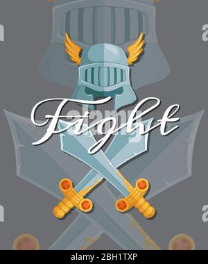 Vector fantasy cartoon style game design medieval crossed swords and helmet elements with lettering and shadows illustration Stock Vector