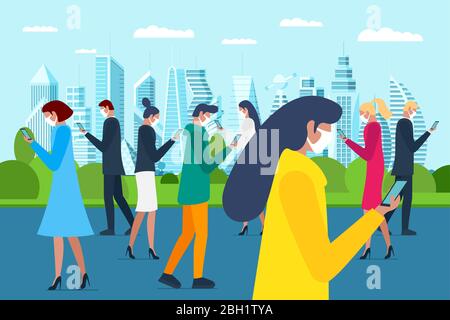 Crowd people walking in medical protective face mask on city park and using smartphones. Protecting airborne flu coronavirus epidemic infection or air pollution concept flat vector eps illustration Stock Vector