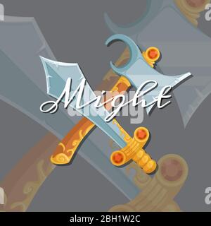 Vector fantasy cartoon style game design medieval crossed axe and sword elements with lettering and shadows illustration Stock Vector