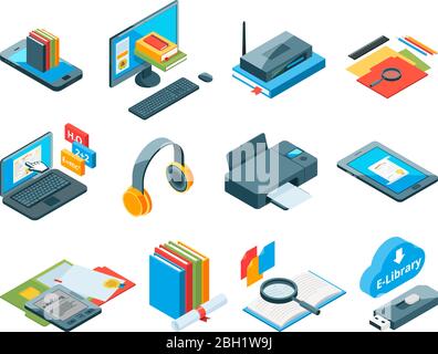 Isometric symbols of online education. Icons of e learning. Computer, laptop, smartphone and other gadgets for teaching. Isometric laptop computer and Stock Vector