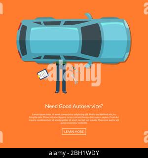 Vector mechanic lying under car with instruments top view illustration Stock Vector
