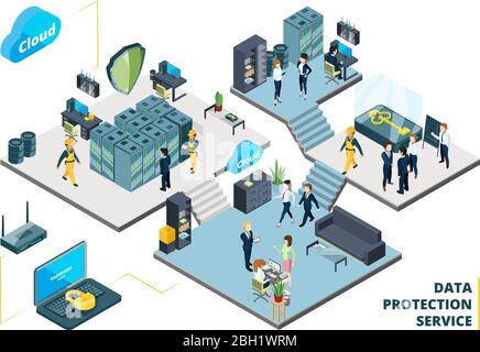 Telecommunications tools. Big datacenter with specific systems and cloud servers. Isometric illustrations of network company interior datacenter with Stock Vector
