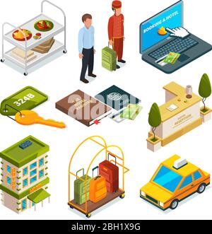 Hotel reception, isometric set of motel services illustrations. Baggage and lobby motel, concierge and customer vector Stock Vector