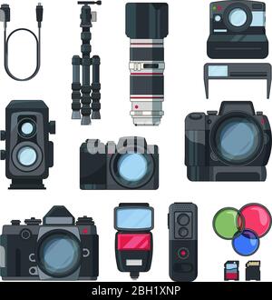 Digital photo and video cameras in cartoon style. Professional equipment. Photo and video professional camera, vector illustration Stock Vector