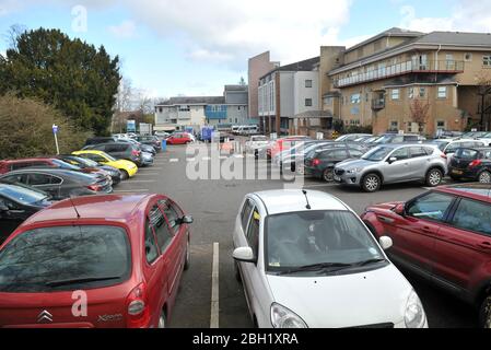 In the midst of the coronavirus pandemic a huge home-made sign has appeared outside Cheltenham General Hospital saying 'Superheroes work here' Stock Photo