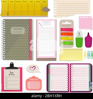 Different notebooks, notes, daily agendas and papers for organizer. Planner pad and organizer notebook. Vector page for note daily and schedule planne Stock Vector