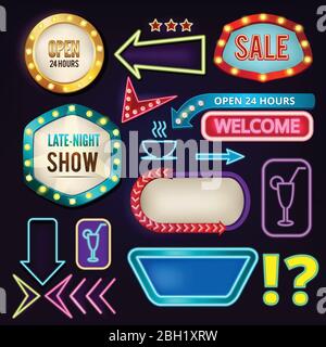 Retro neon signs. Billboards at highway. Empty frames and banners with backlight. Neon billboard vintage retro banner, vector illustration Stock Vector