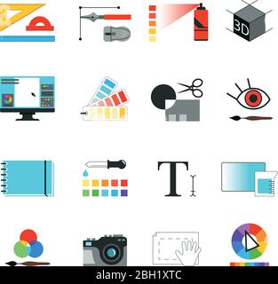 Graphic or web designers tools. Different working elements for graphical artists. Vector pictures set isolate. Digital tools and equipment, monitor co Stock Vector