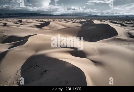 USA, California, Low-level aerial photography of Cadiz Dunes in Mojave Desert Stock Photo