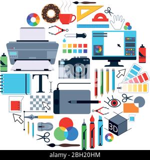 Vector pictures of tools for graphic designers. Icons set in circle shape. Tool drawing in circle, pencil and brush, tablet and pen, paintbrush and ru Stock Vector