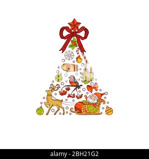 Vector hand drawn colored christmas tree, made of xmas elements with santa, gifts, bows and bells isolated on white background illustration Stock Vector