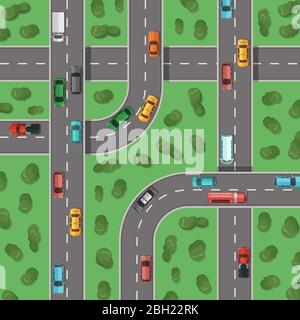 Vector top view highways with cars and with trees in between top view illustration. Highway road traffic transport, top view crossroad outdoor Stock Vector