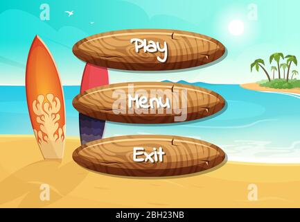 Vector cartoon style wooden buttons with text for game design on surfboards on the beach background. Interface application menu console design illustr Stock Vector