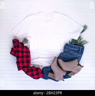 Christmas shirt mockup white tshirt w buffalo plaid scarf boots