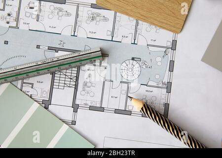 Ruler and pencil lying on architectural blueprint Stock Photo