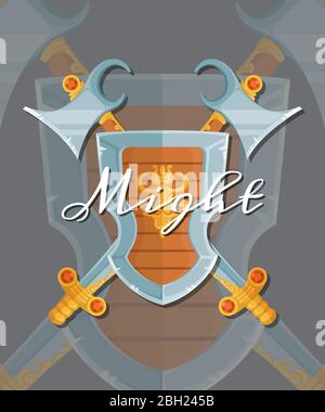Vector fantasy cartoon style game design medieval crossed shield, axe and sword elements with lettering and shadows. Medieval shield and axe illustrat Stock Vector