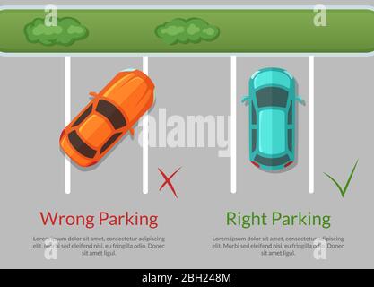 Vector wrong and right parking cars on the parking lot top view illustration. Car parking view road Stock Vector