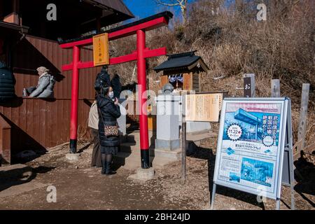 KAWAGUCHIKO, JAPAN – FEBRUARY 9,2020 : Tourists are wishing to Usagi Jinja or Rabbit Shrine, small shrine dedicated to the rabbit from the story of Ka Stock Photo