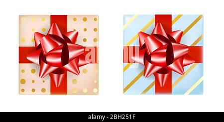 Set of two gifts box, beige and blue colour with a red ribbon and bow. Collection realistic gift presents view top. Stock Vector