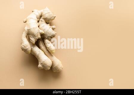 Fresh big ginger root on natural beige background. View from above. Virus-protecting products. Close up. Copy space. Isolated Stock Photo