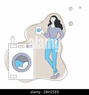 Woman housewife washes clothes in the washing machine. Vector illustration in a flat style. Girl and near her things and laundry powder. washing Stock Vector