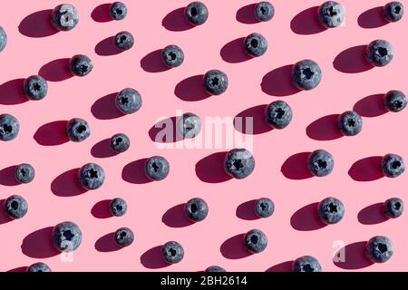 Rows of blueberries on pink background Stock Photo