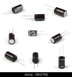 Nine electrolytic capacitor isolated on white background. High resolution photo. Full depth of field. Stock Photo