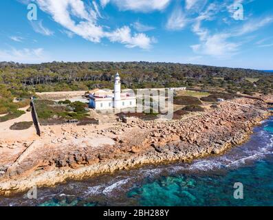 Spain, Balearic Islands, Mallorca, Aerial view of lighthouse at Cap de ses Salines Stock Photo