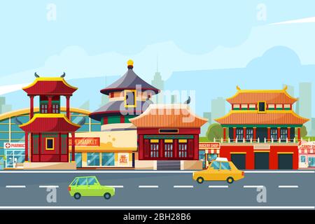 Chinese urban landscape with traditional buildings. Chinatown in cartoon style. Urban city chinese with building and car. Vector illustration Stock Vector