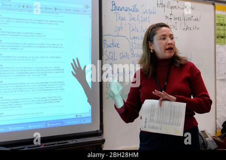 Brownsville Texas USA, December 2005:  Teacher using projection equipment in classroom learning environment. ©Bob Daemmrich Stock Photo