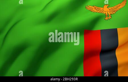 Flag of Zambia blowing in the wind. Full page Zambian flying flag. 3D illustration. Stock Photo