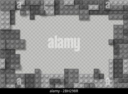 Frame template of realistic gray plastic bricks. Construction blocks. Isolated on transparent background. EPS 10 Stock Vector